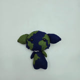 Handmade felt plush inspired by planet Earth, featuring a deep blue body with green continent shapes across the head and body. The soft plush has black button eyes, small arms, and wide ears, creating a cute world-themed character design.