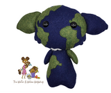 Handmade felt plush inspired by planet Earth, featuring a deep blue body with green continent shapes across the head and body. The soft plush has black button eyes, small arms, and wide ears, creating a cute world-themed character design.